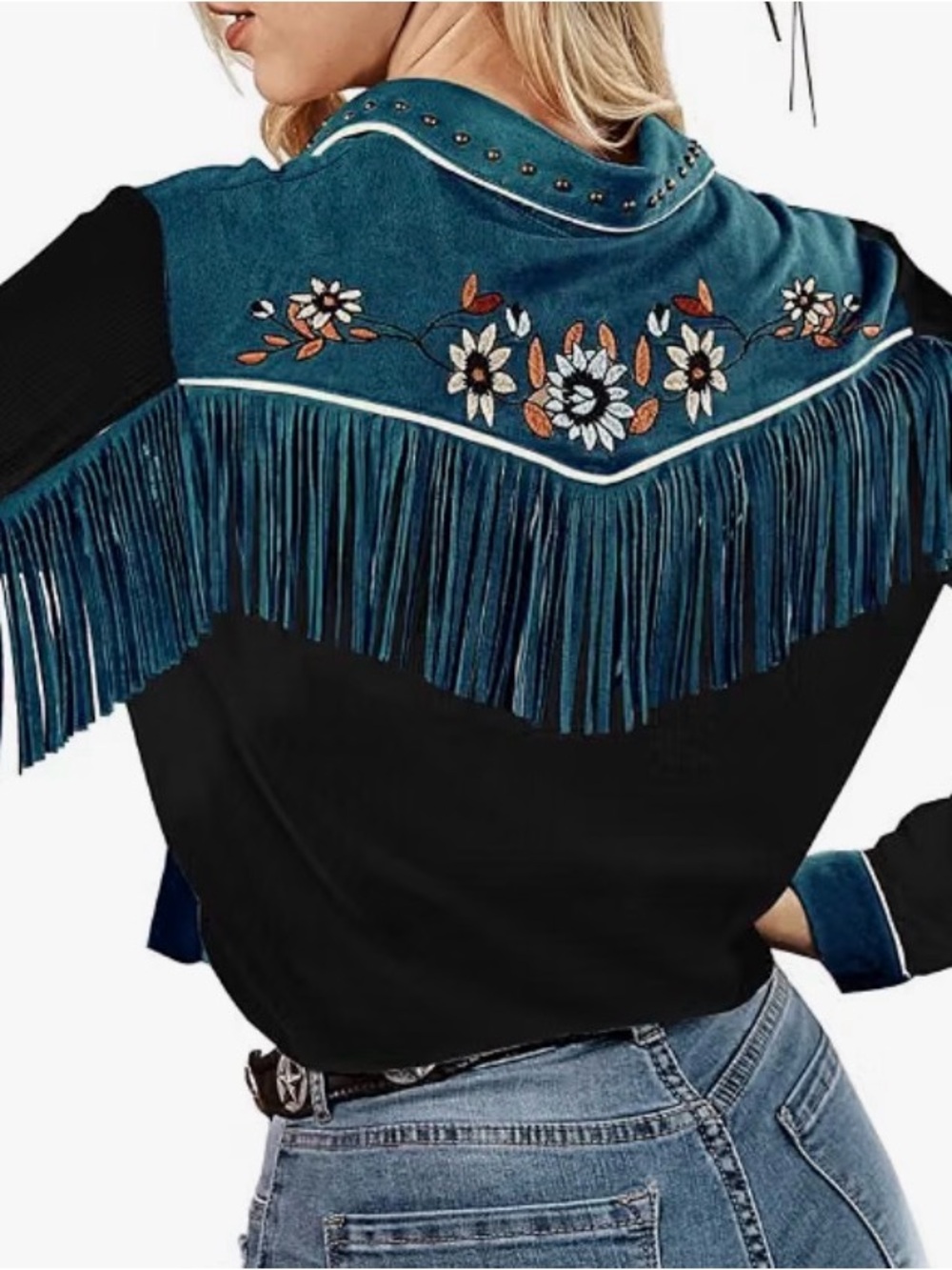 Embroidered Teal Fringe Button-Down Western Shirt - Women